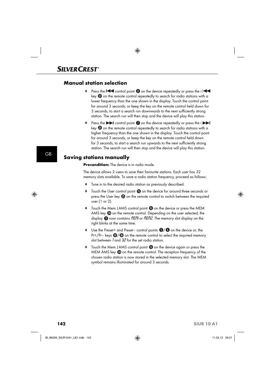Manual station selection, Saving stations manually | Silvercrest SIUR 10 A1 User Manual | Page 145 / 154