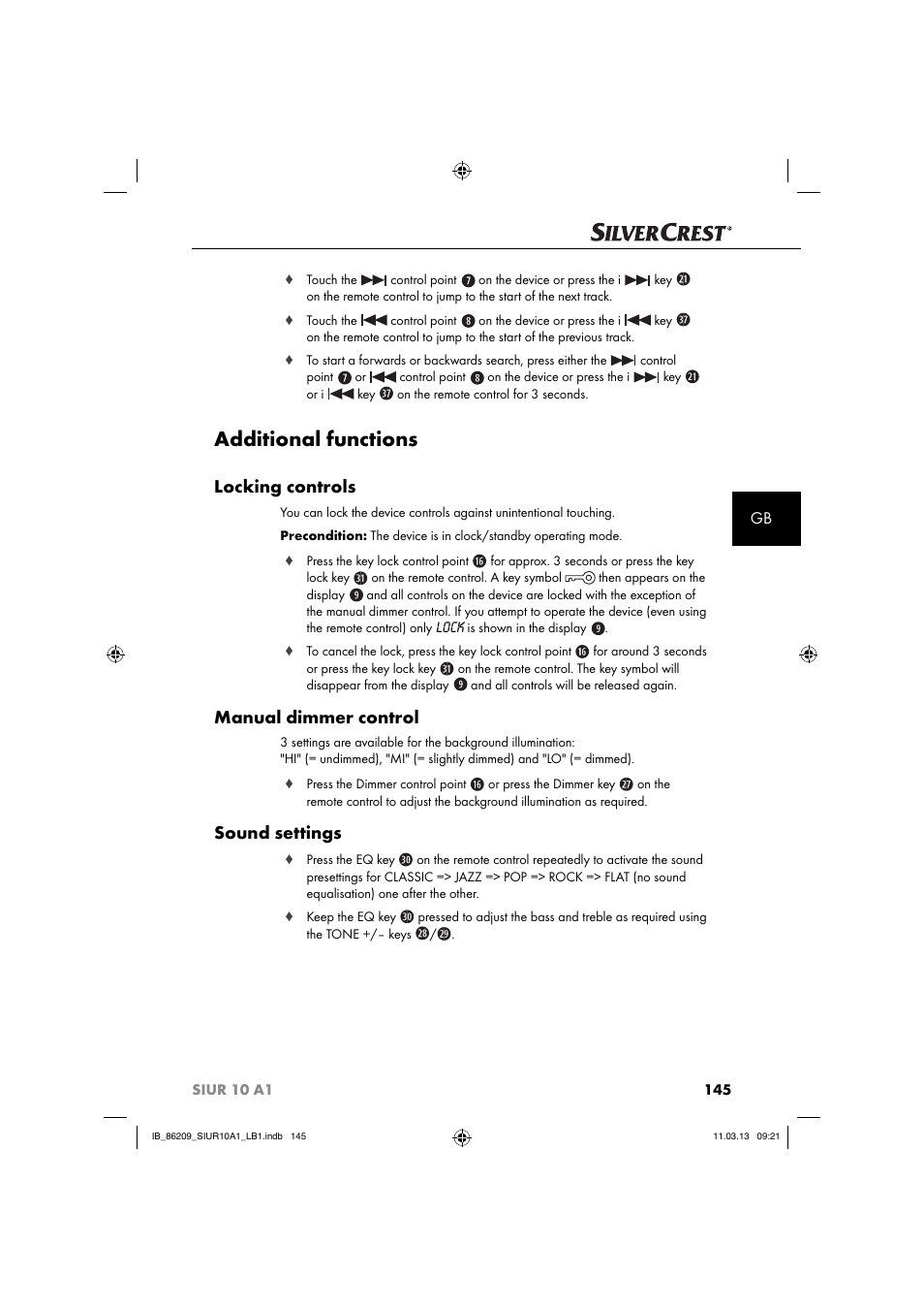 Additional functions, Locking controls, Manual dimmer control | Sound settings | Silvercrest SIUR 10 A1 User Manual | Page 148 / 154