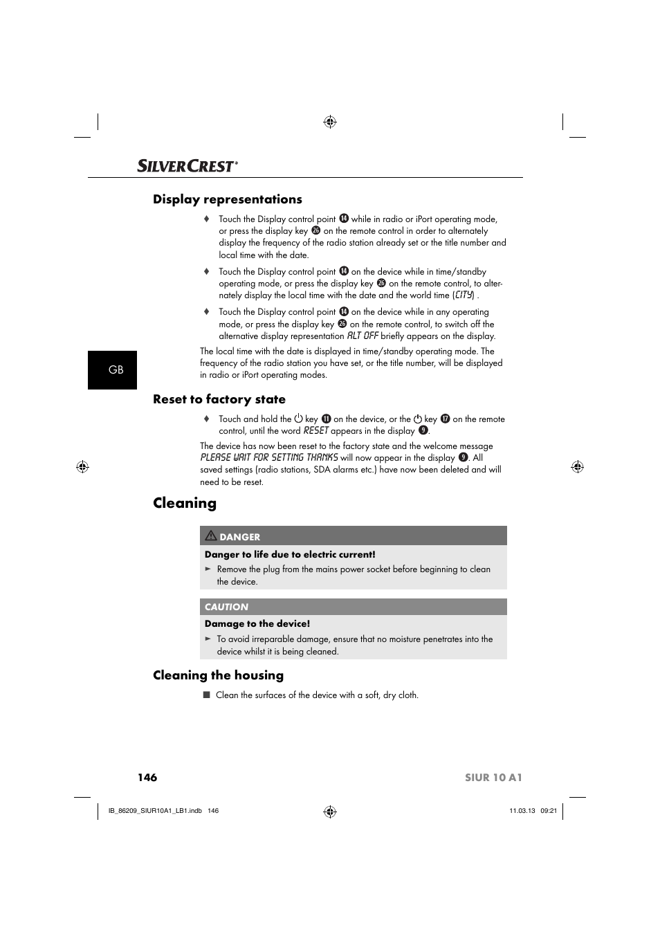 Cleaning, Display representations, Reset to factory state | Cleaning the housing | Silvercrest SIUR 10 A1 User Manual | Page 149 / 154