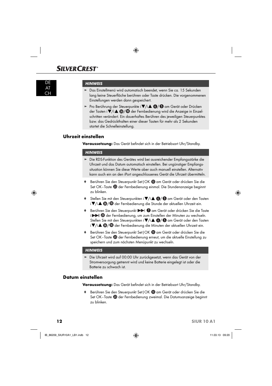 De at ch, Uhrzeit einstellen, Datum einstellen | Silvercrest SIUR 10 A1 User Manual | Page 15 / 154