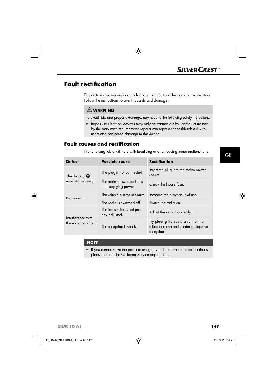 Fault rectiﬁ cation, Fault causes and rectiﬁ cation | Silvercrest SIUR 10 A1 User Manual | Page 150 / 154