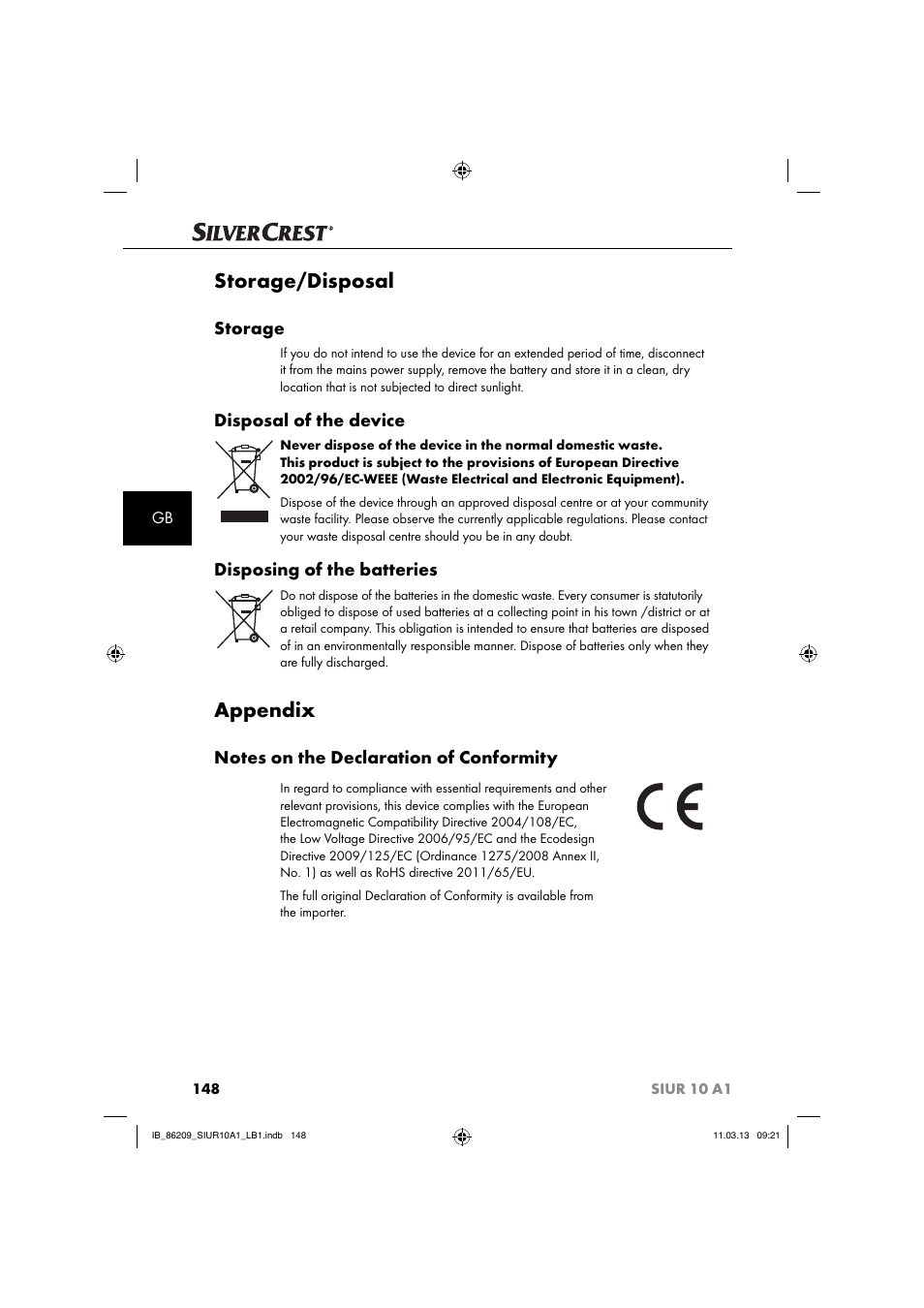 Storage/disposal, Appendix, Storage | Disposal of the device, Disposing of the batteries | Silvercrest SIUR 10 A1 User Manual | Page 151 / 154