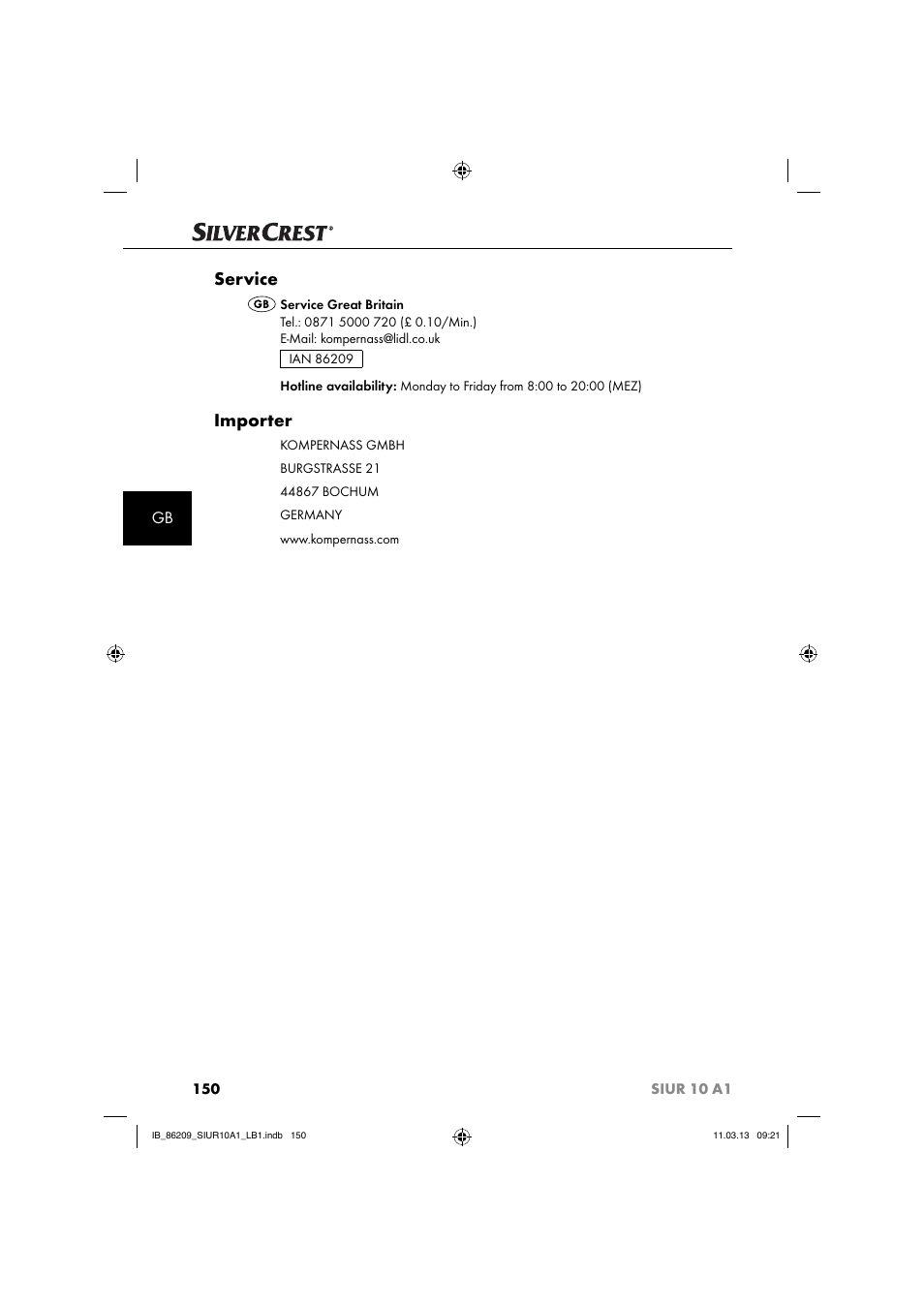 Service, Importer | Silvercrest SIUR 10 A1 User Manual | Page 153 / 154