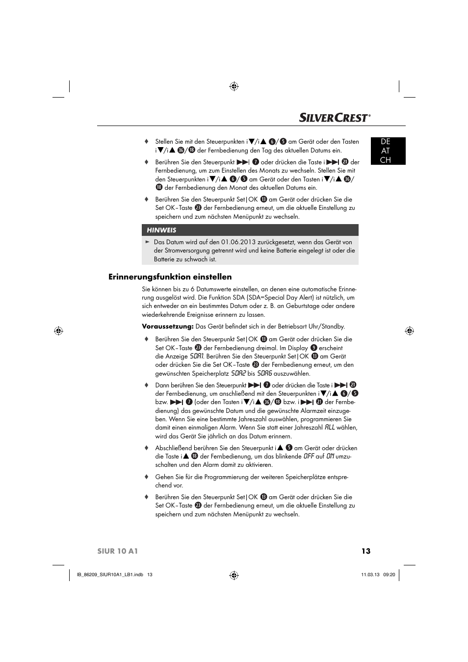 De at ch, Erinnerungsfunktion einstellen | Silvercrest SIUR 10 A1 User Manual | Page 16 / 154
