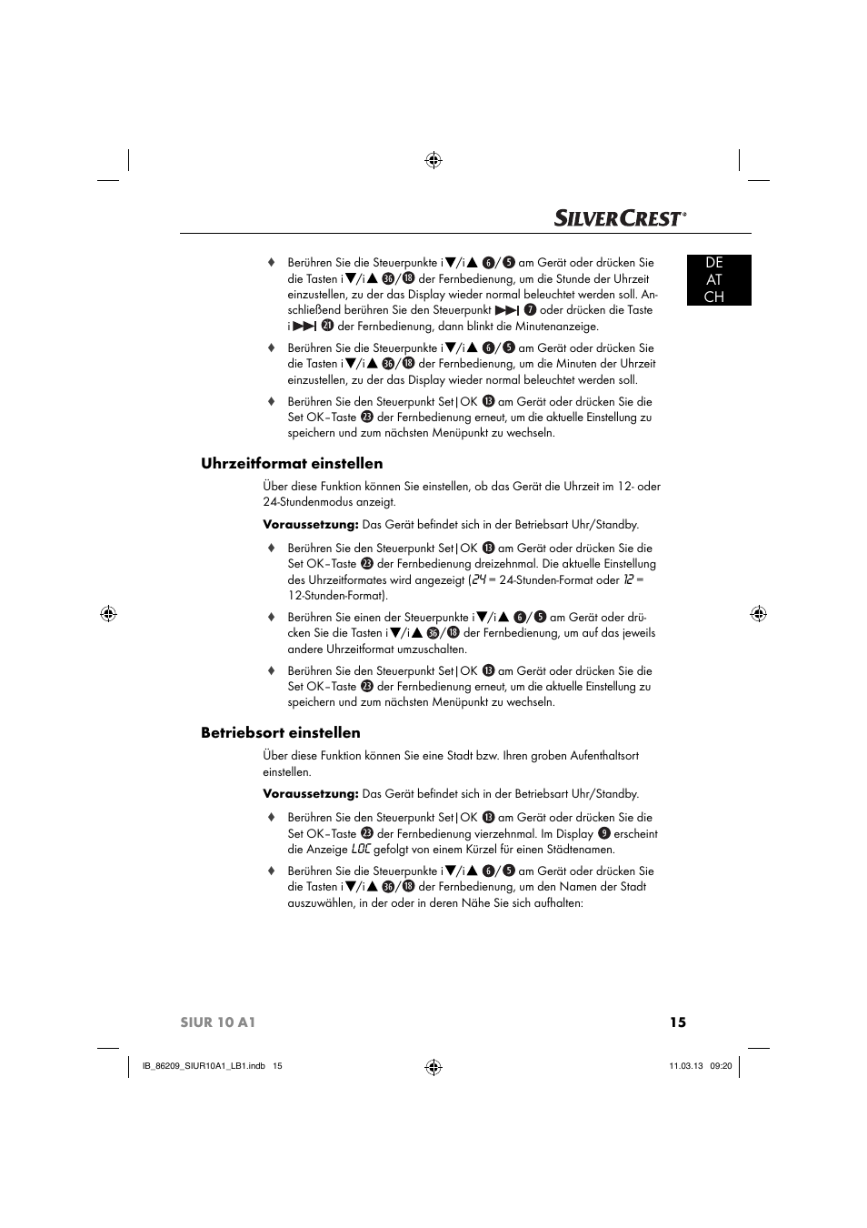 De at ch, Uhrzeitformat einstellen, Betriebsort einstellen | Silvercrest SIUR 10 A1 User Manual | Page 18 / 154