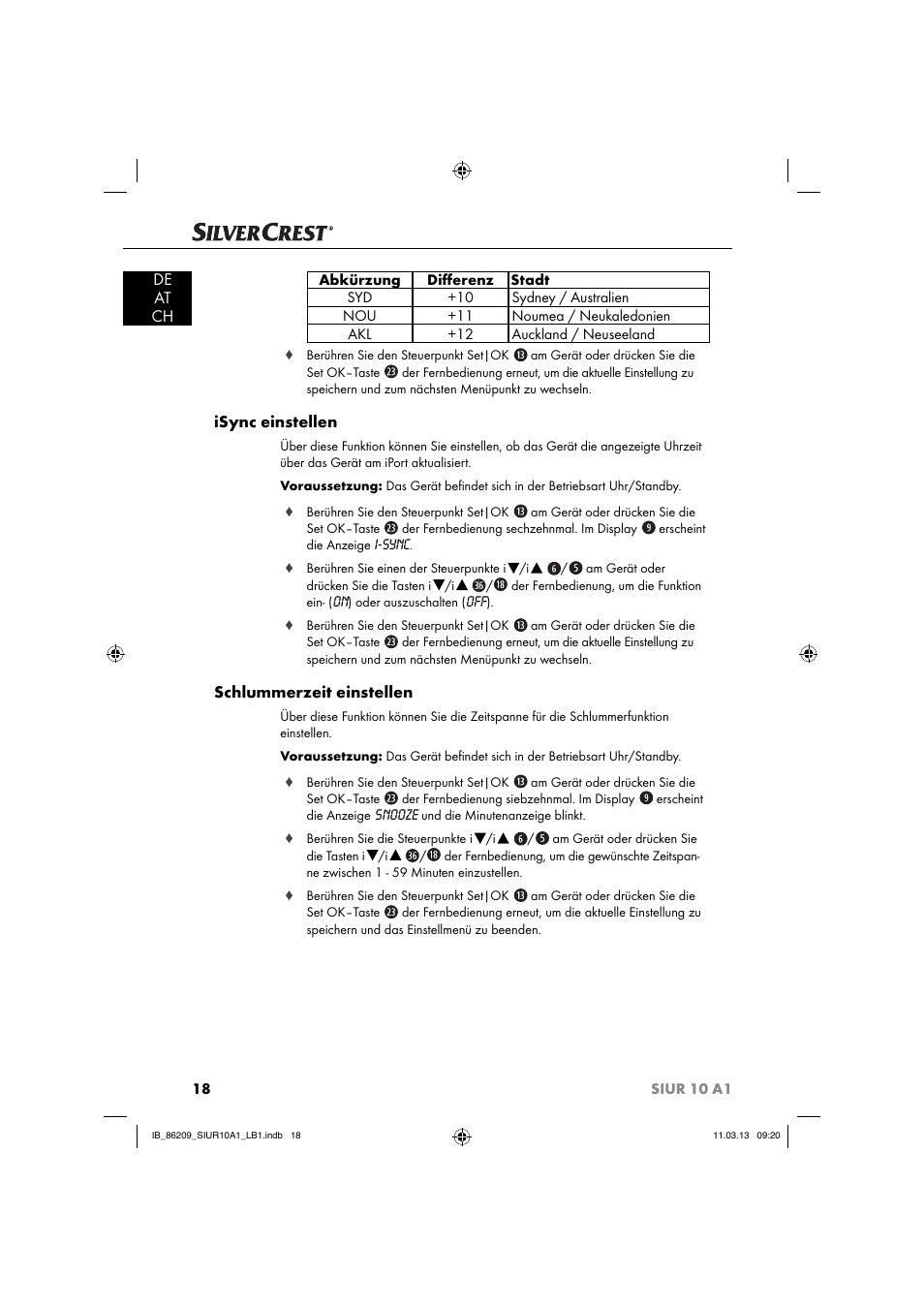 De at ch, Isync einstellen, Schlummerzeit einstellen | Silvercrest SIUR 10 A1 User Manual | Page 21 / 154
