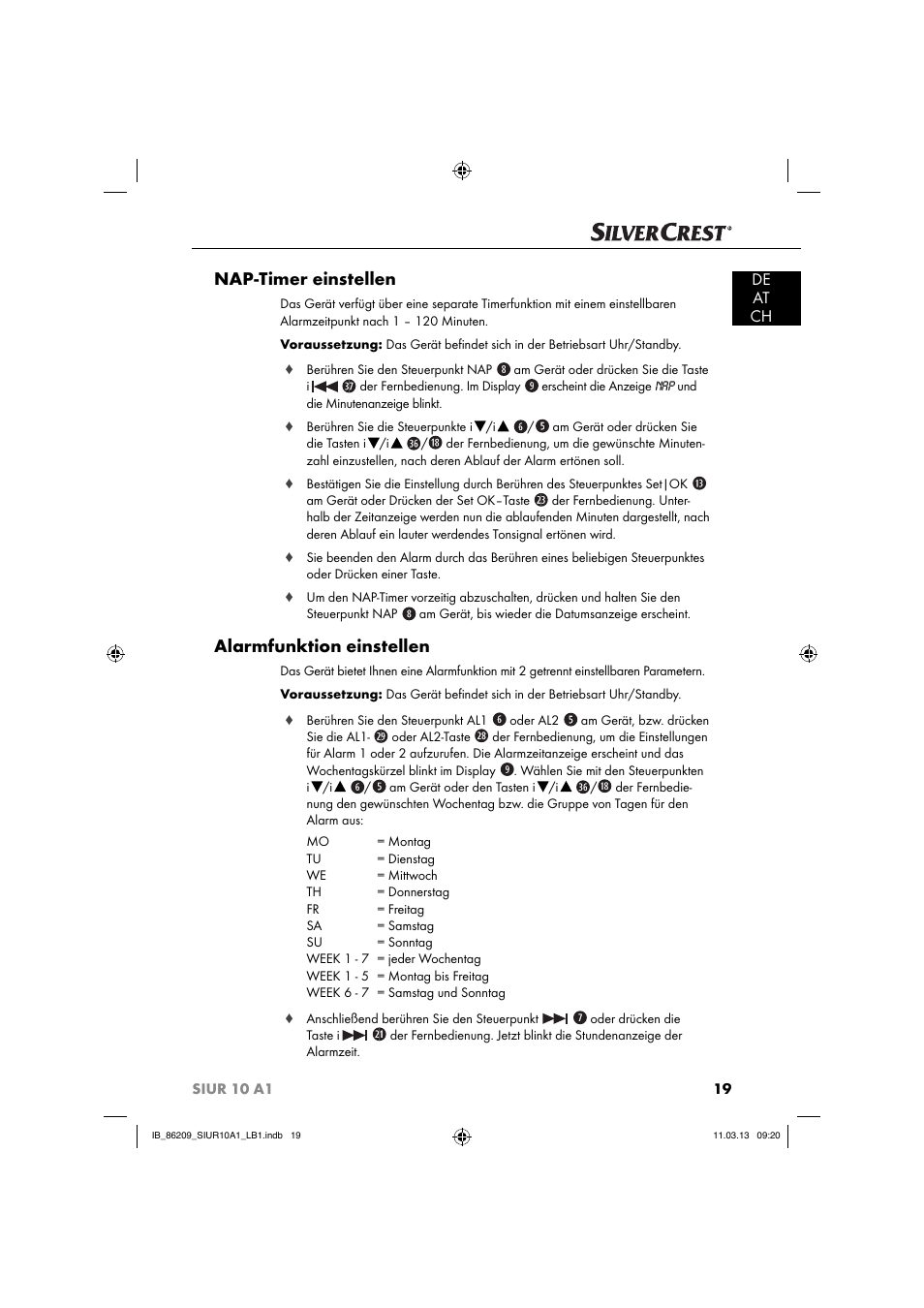 Nap-timer einstellen, Alarmfunktion einstellen, De at ch | Silvercrest SIUR 10 A1 User Manual | Page 22 / 154