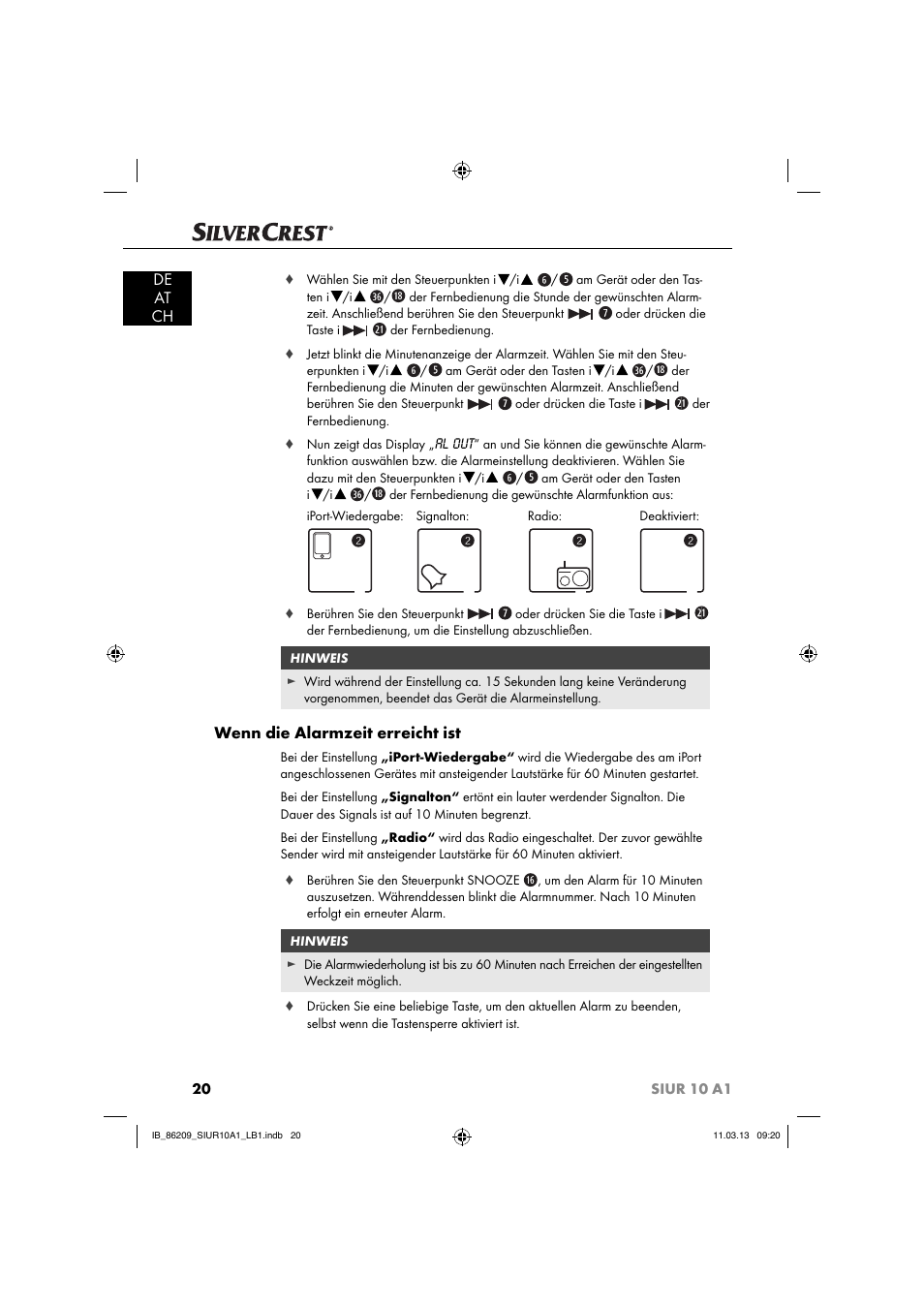 De at ch, Wenn die alarmzeit erreicht ist | Silvercrest SIUR 10 A1 User Manual | Page 23 / 154