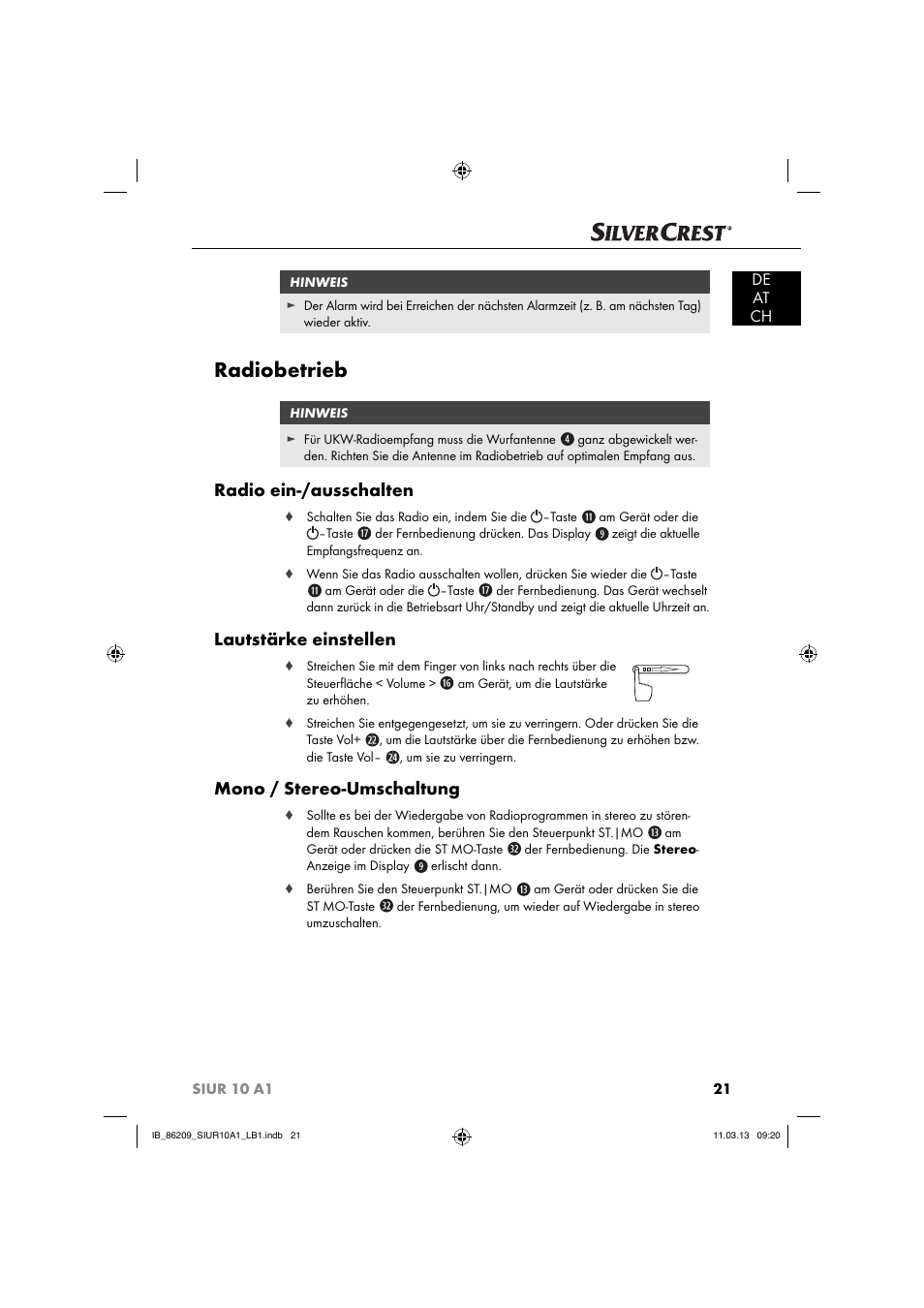Radiobetrieb, Radio ein-/ausschalten, Lautstärke einstellen | Mono / stereo-umschaltung, De at ch | Silvercrest SIUR 10 A1 User Manual | Page 24 / 154