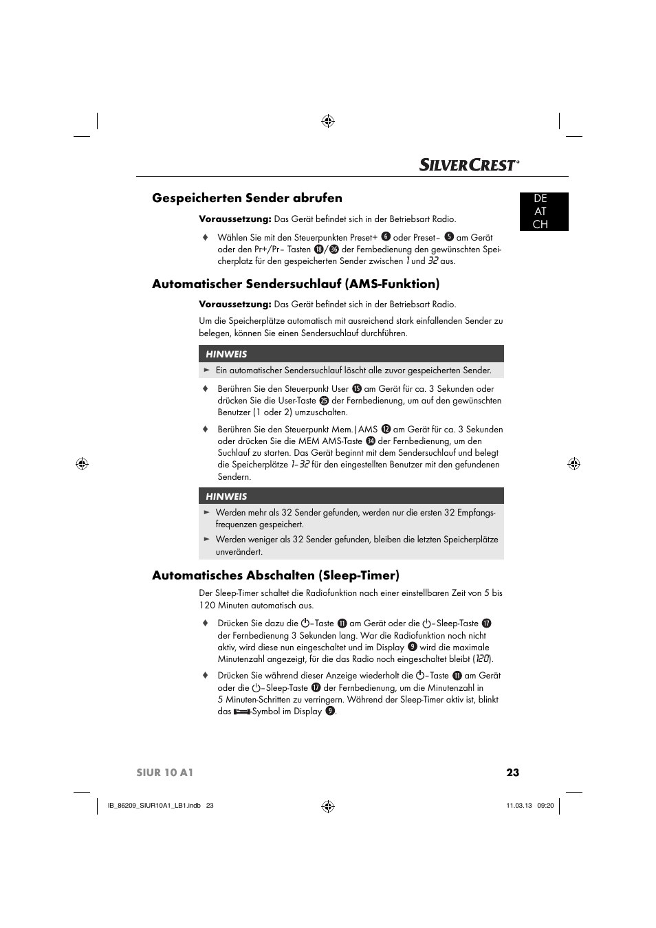 Gespeicherten sender abrufen, Automatischer sendersuchlauf (ams-funktion), Automatisches abschalten (sleep-timer) | De at ch | Silvercrest SIUR 10 A1 User Manual | Page 26 / 154