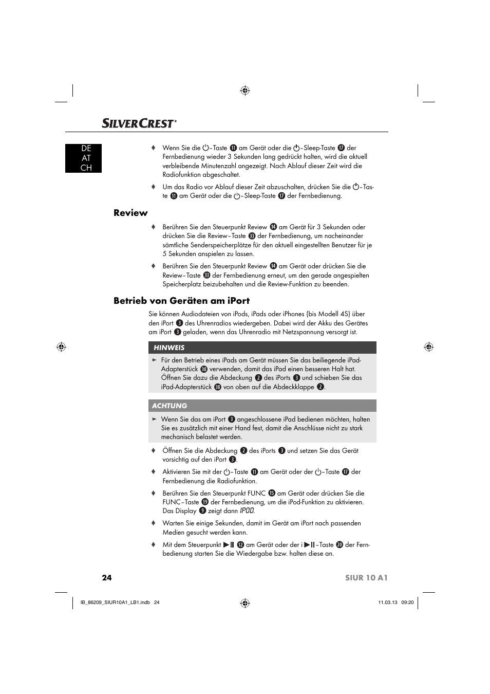 Review, Betrieb von geräten am iport, De at ch | Silvercrest SIUR 10 A1 User Manual | Page 27 / 154