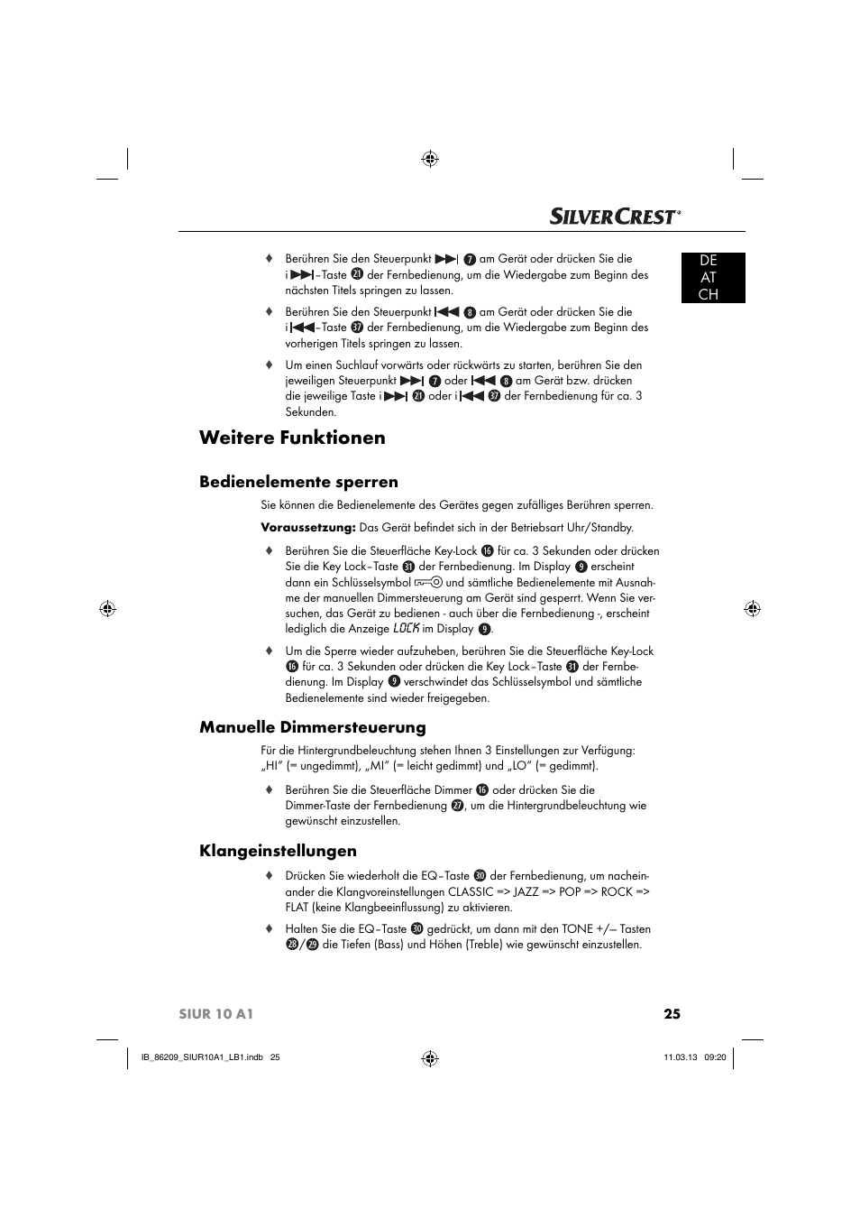 Weitere funktionen, Bedienelemente sperren, Manuelle dimmersteuerung | Klangeinstellungen, De at ch | Silvercrest SIUR 10 A1 User Manual | Page 28 / 154