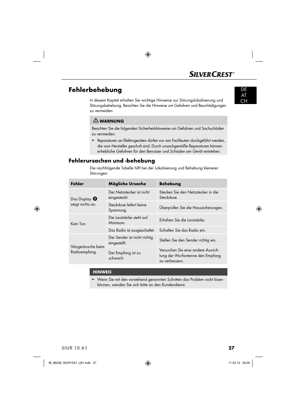 Fehlerbehebung, Fehlerursachen und -behebung, De at ch | Silvercrest SIUR 10 A1 User Manual | Page 30 / 154