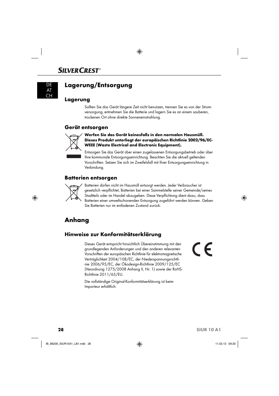 Lagerung/entsorgung, Anhang, Lagerung | Gerät entsorgen, Batterien entsorgen, Hinweise zur konformitätserklärung | Silvercrest SIUR 10 A1 User Manual | Page 31 / 154