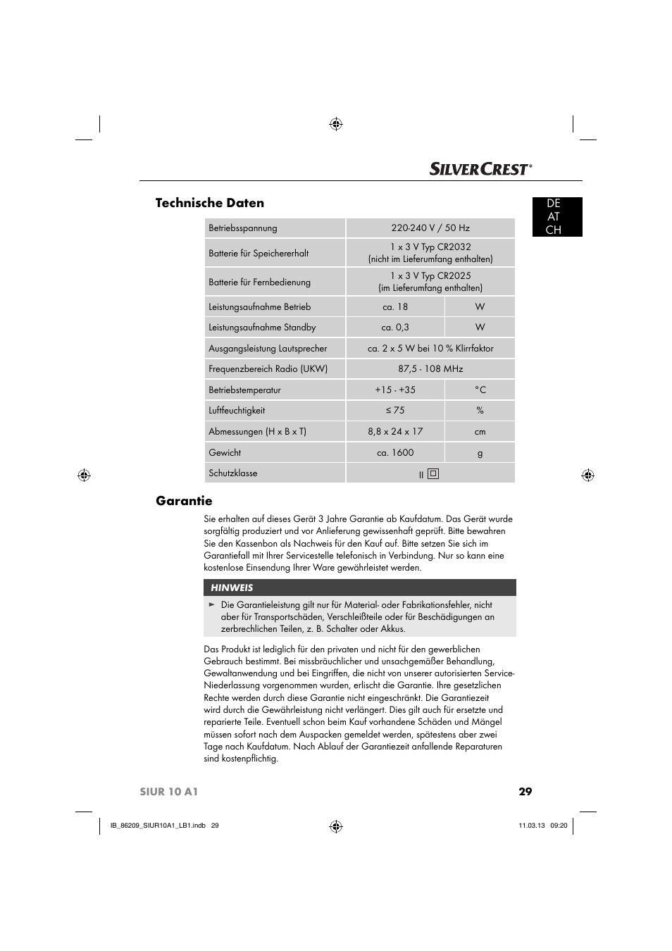 Technische daten, Garantie, De at ch | Silvercrest SIUR 10 A1 User Manual | Page 32 / 154