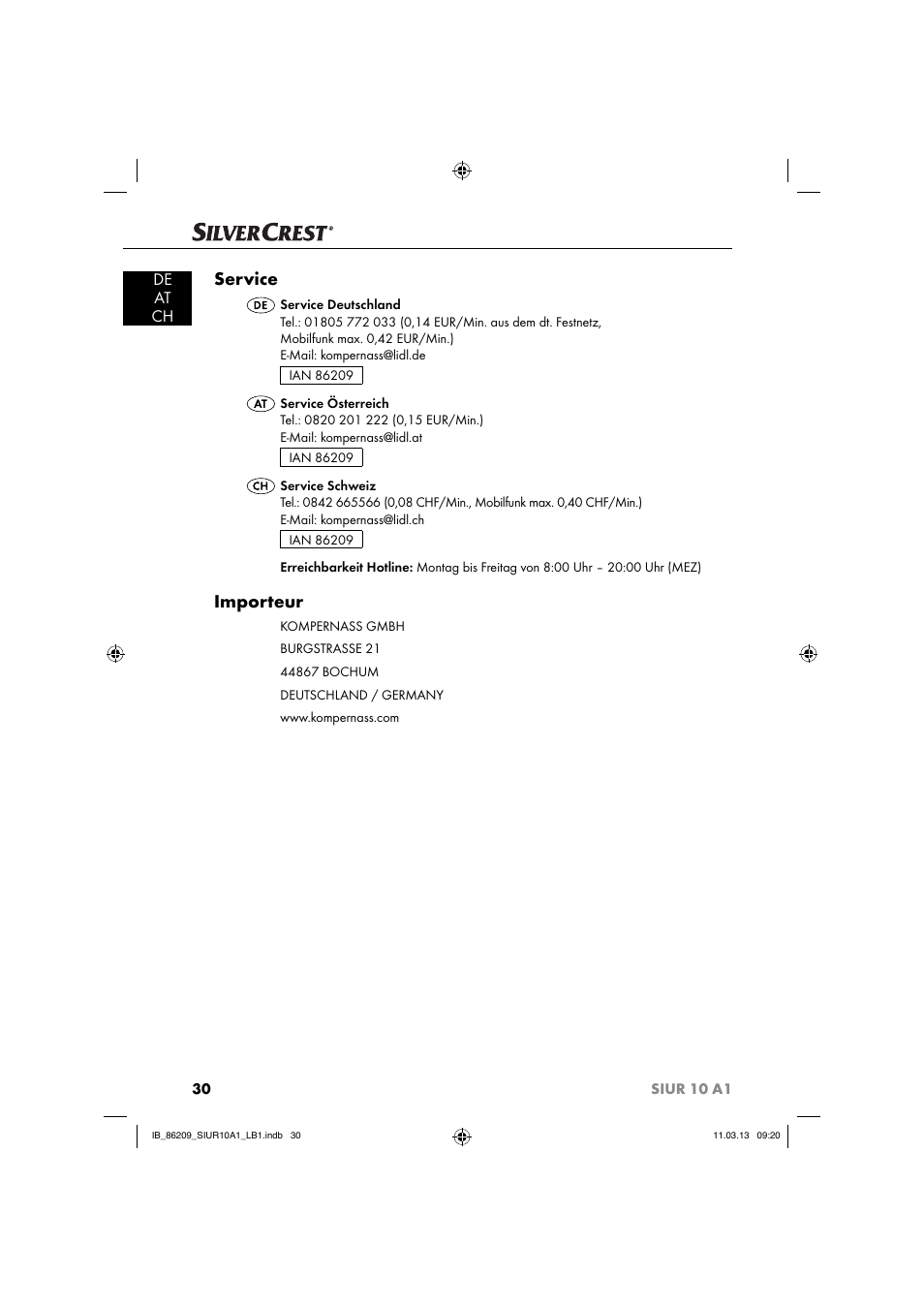Service, Importeur, De at ch | Silvercrest SIUR 10 A1 User Manual | Page 33 / 154