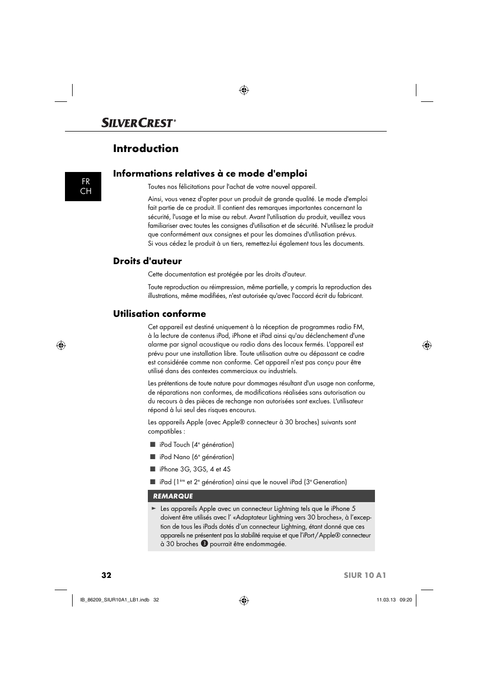 Introduction, Informations relatives à ce mode d'emploi, Droits d'auteur | Utilisation conforme, Fr ch | Silvercrest SIUR 10 A1 User Manual | Page 35 / 154