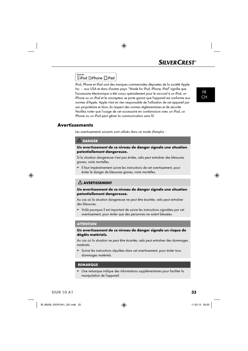 Avertissements, Fr ch | Silvercrest SIUR 10 A1 User Manual | Page 36 / 154