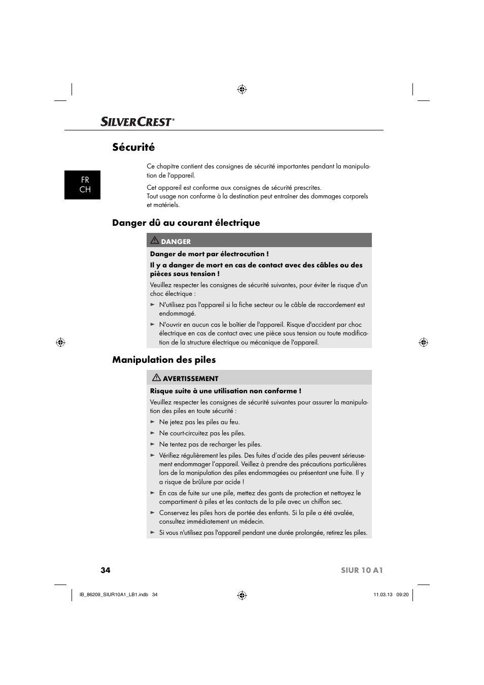 Sécurité, Danger dû au courant électrique, Manipulation des piles | Fr ch | Silvercrest SIUR 10 A1 User Manual | Page 37 / 154