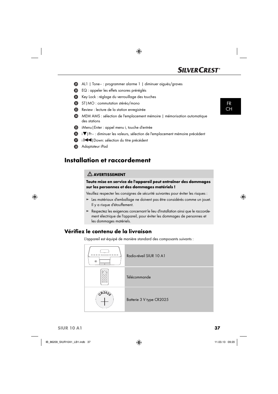 Installation et raccordement, Vériﬁ ez le contenu de la livraison, Fr ch | Silvercrest SIUR 10 A1 User Manual | Page 40 / 154