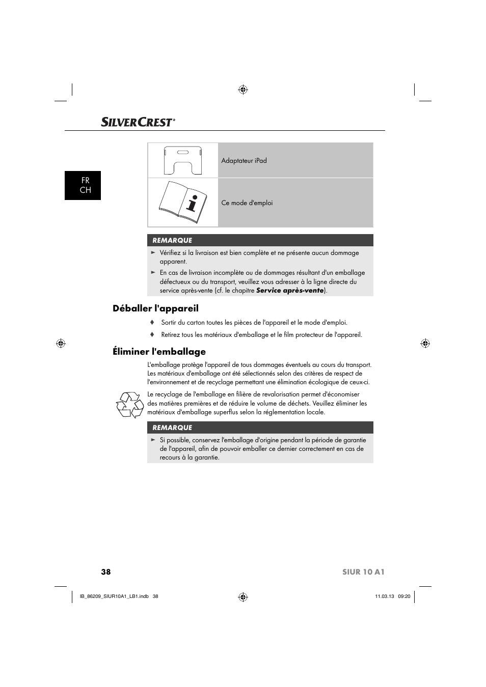 Déballer l'appareil, Éliminer l'emballage, Fr ch | Silvercrest SIUR 10 A1 User Manual | Page 41 / 154