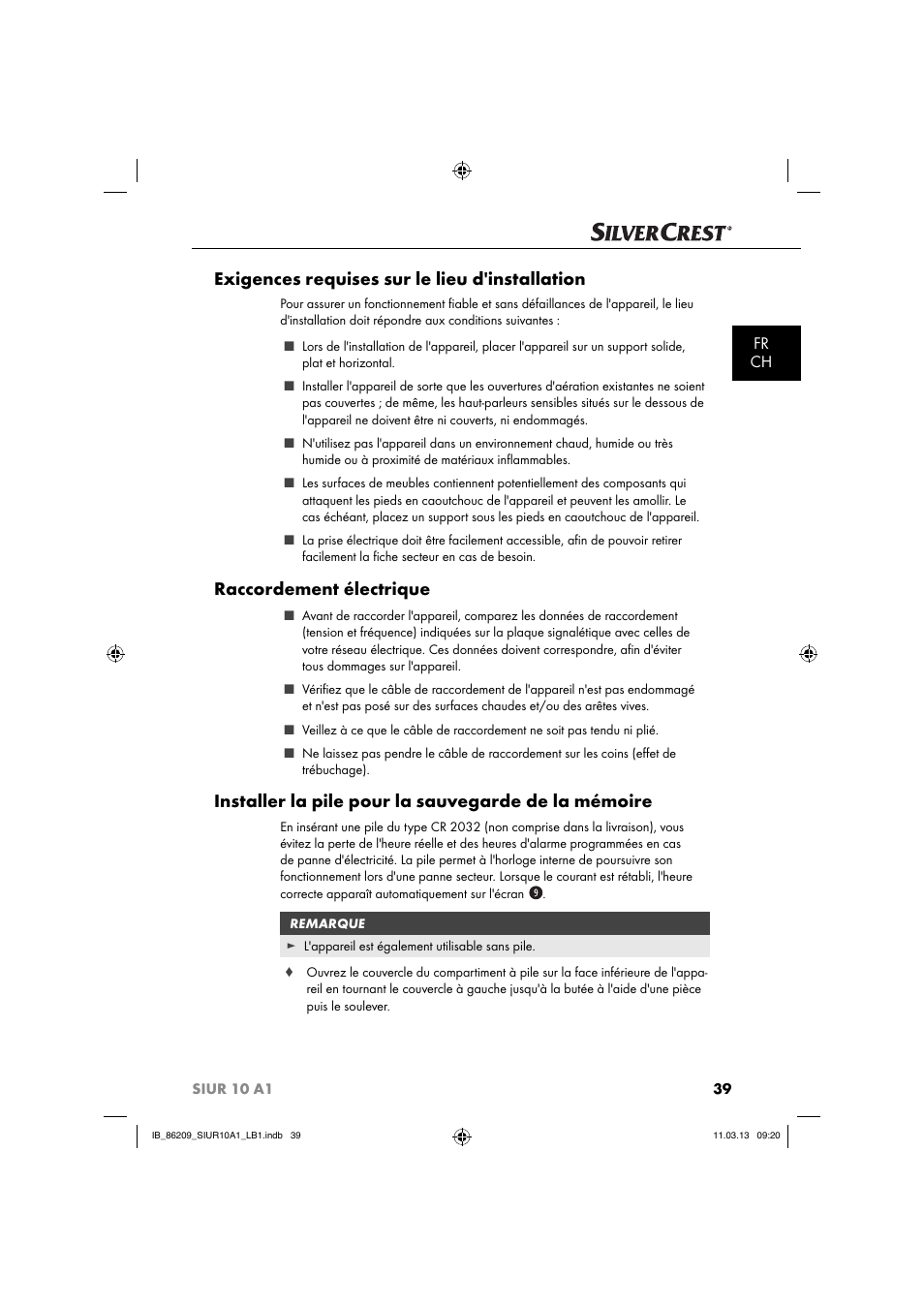 Exigences requises sur le lieu d'installation, Raccordement électrique, Installer la pile pour la sauvegarde de la mémoire | Fr ch | Silvercrest SIUR 10 A1 User Manual | Page 42 / 154