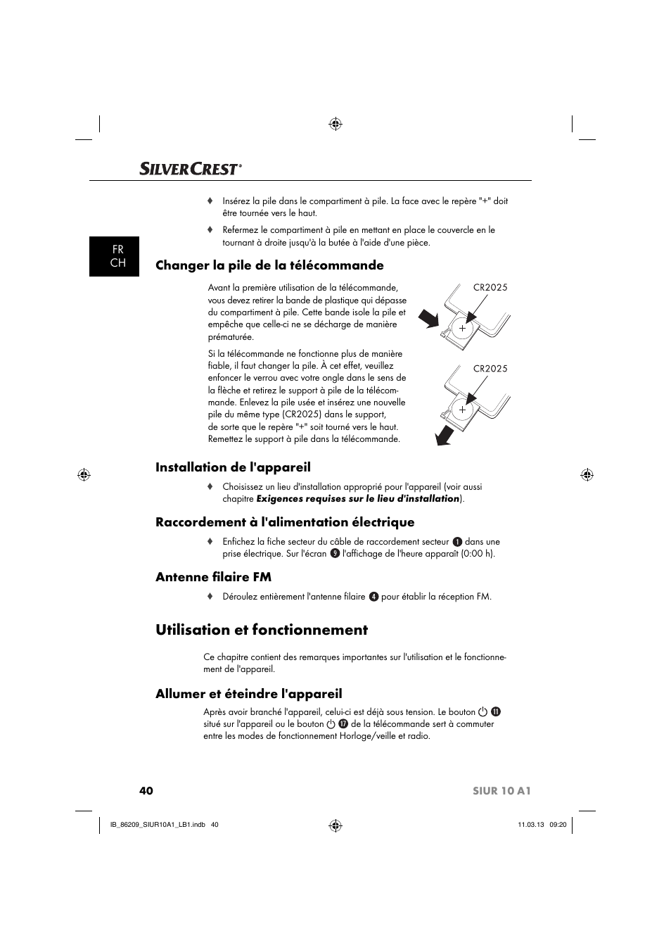 Utilisation et fonctionnement, Changer la pile de la télécommande, Installation de l'appareil | Raccordement à l'alimentation électrique, Antenne ﬁ laire fm, Allumer et éteindre l'appareil, Fr ch | Silvercrest SIUR 10 A1 User Manual | Page 43 / 154