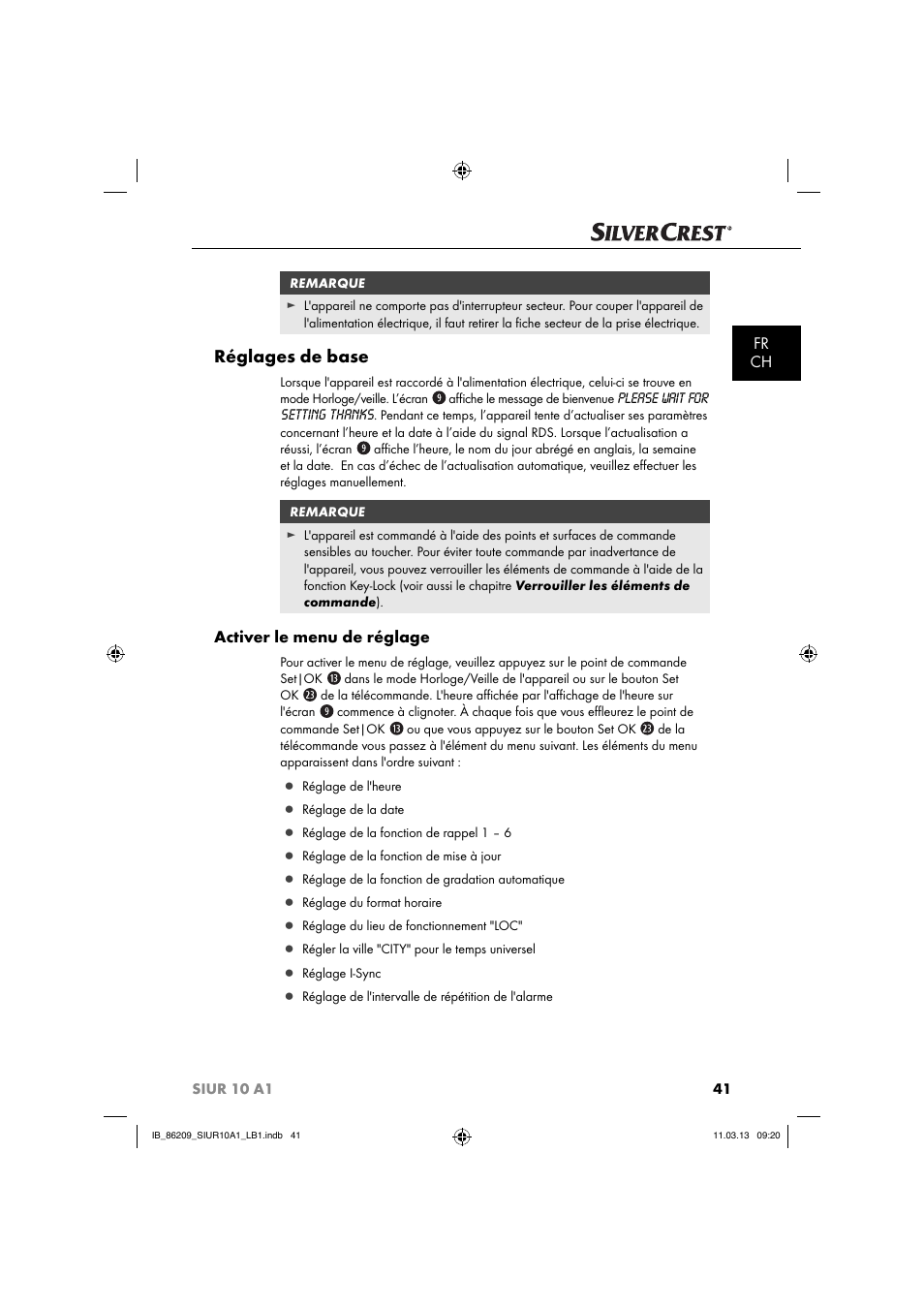 Réglages de base, Fr ch, Activer le menu de réglage | Silvercrest SIUR 10 A1 User Manual | Page 44 / 154