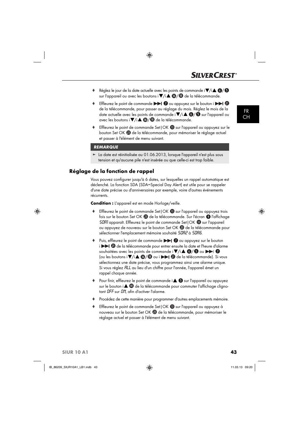 Fr ch, Réglage de la fonction de rappel | Silvercrest SIUR 10 A1 User Manual | Page 46 / 154