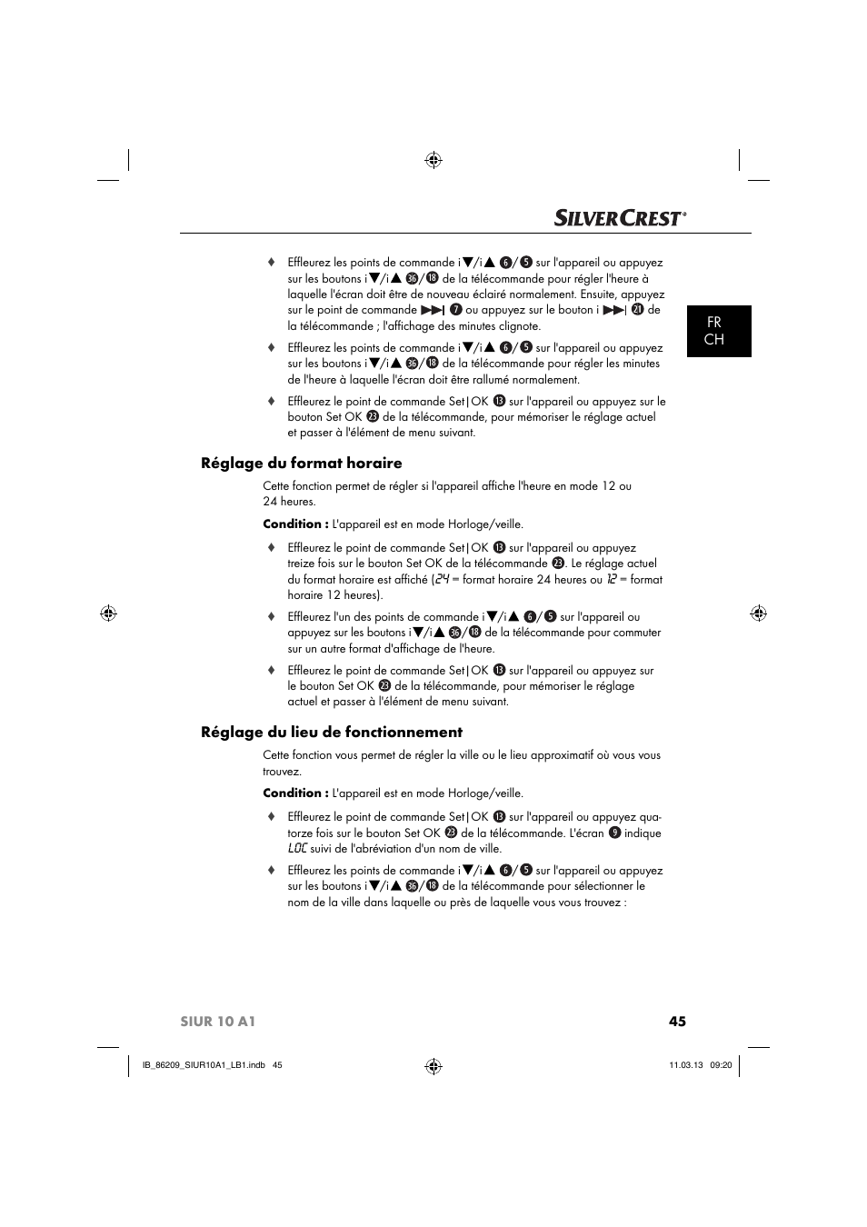 Fr ch, Réglage du format horaire, Réglage du lieu de fonctionnement | Silvercrest SIUR 10 A1 User Manual | Page 48 / 154