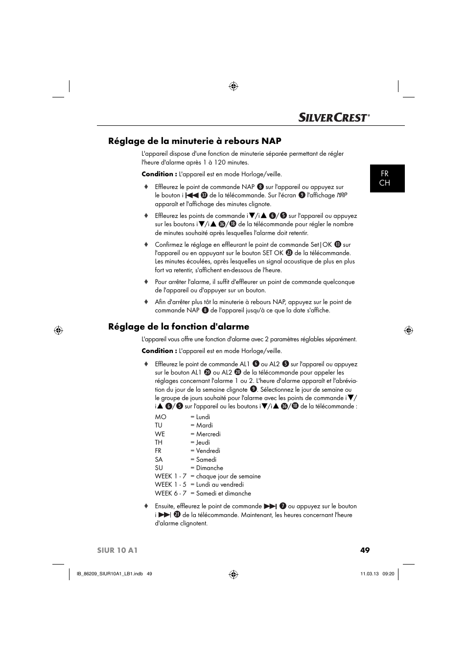 Réglage de la minuterie à rebours nap, Réglage de la fonction d'alarme, Fr ch | Silvercrest SIUR 10 A1 User Manual | Page 52 / 154