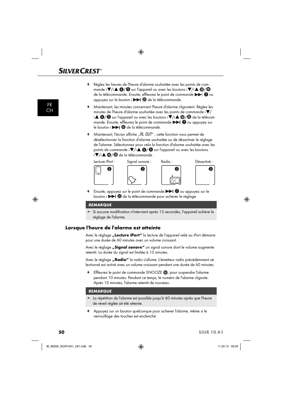 Fr ch, Lorsque l'heure de l'alarme est atteinte | Silvercrest SIUR 10 A1 User Manual | Page 53 / 154