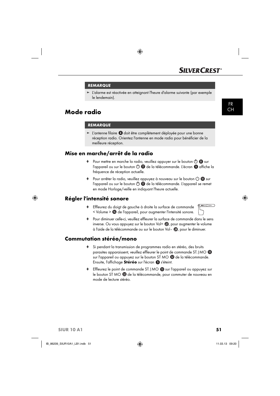 Mode radio, Mise en marche/arrêt de la radio, Régler l'intensité sonore | Commutation stéréo/mono, Fr ch | Silvercrest SIUR 10 A1 User Manual | Page 54 / 154