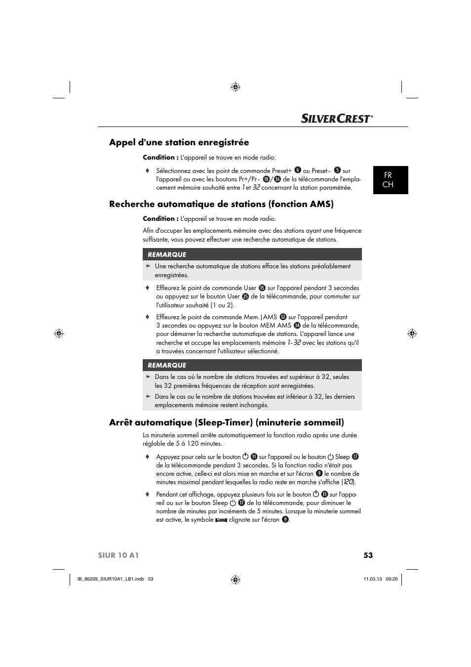 Appel d'une station enregistrée, Recherche automatique de stations (fonction ams), Fr ch | Silvercrest SIUR 10 A1 User Manual | Page 56 / 154