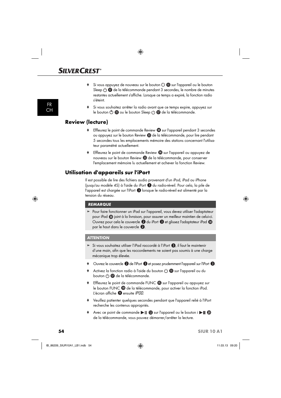 Review (lecture), Utilisation d'appareils sur l'iport, Fr ch | Silvercrest SIUR 10 A1 User Manual | Page 57 / 154