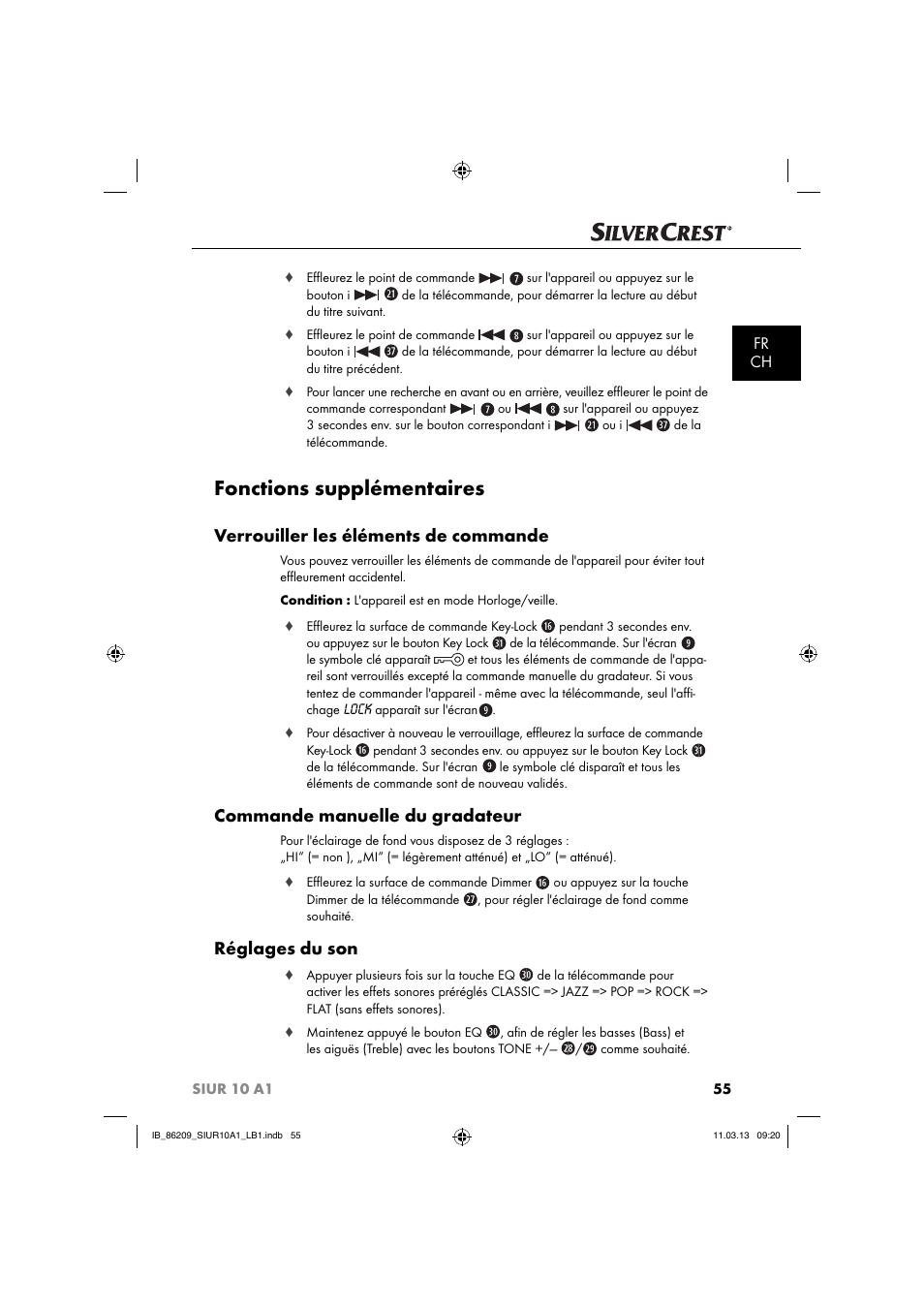 Fonctions supplémentaires, Verrouiller les éléments de commande, Commande manuelle du gradateur | Réglages du son, Fr ch | Silvercrest SIUR 10 A1 User Manual | Page 58 / 154
