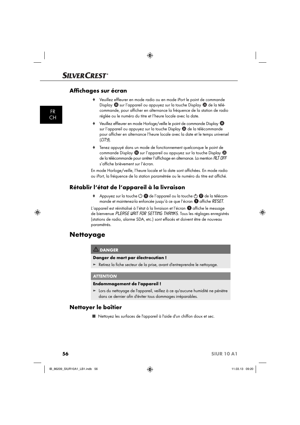Nettoyage, Aﬃ chages sur écran, Rétablir l‘état de l‘appareil à la livraison | Nettoyer le boîtier, Fr ch | Silvercrest SIUR 10 A1 User Manual | Page 59 / 154