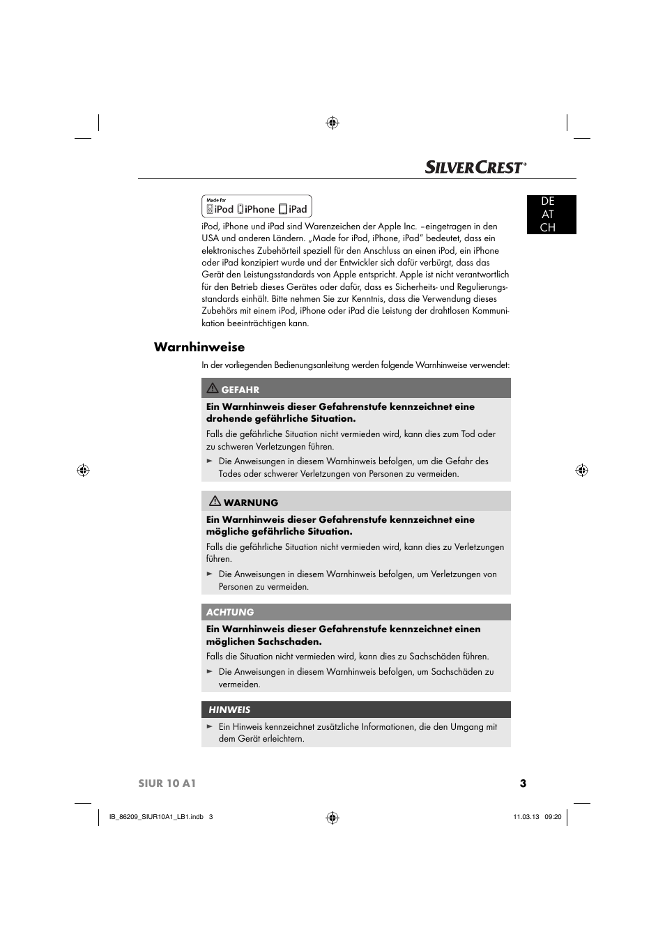 Warnhinweise, De at ch | Silvercrest SIUR 10 A1 User Manual | Page 6 / 154