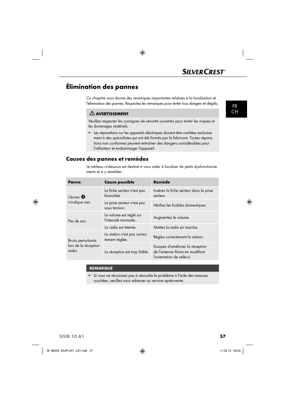 Élimination des pannes, Causes des pannes et remèdes, Fr ch | Silvercrest SIUR 10 A1 User Manual | Page 60 / 154