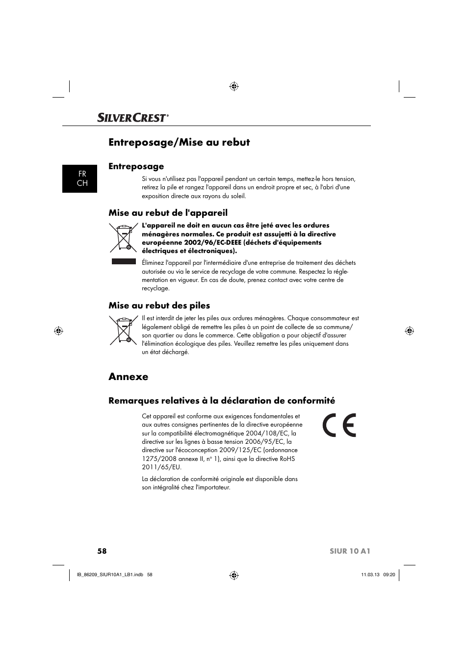 Entreposage/mise au rebut, Annexe, Entreposage | Mise au rebut de l'appareil, Mise au rebut des piles, Remarques relatives à la déclaration de conformité, Fr ch | Silvercrest SIUR 10 A1 User Manual | Page 61 / 154