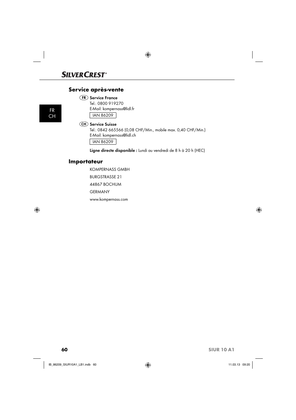 Service après-vente, Importateur, Fr ch | Silvercrest SIUR 10 A1 User Manual | Page 63 / 154