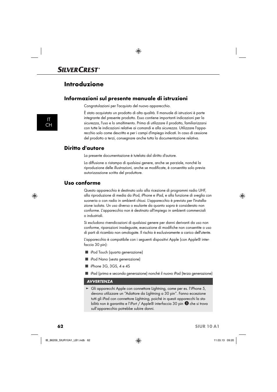 Introduzione, Informazioni sul presente manuale di istruzioni, Diritto d'autore | Uso conforme, It ch | Silvercrest SIUR 10 A1 User Manual | Page 65 / 154