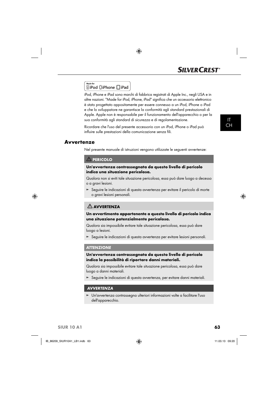Avvertenze, It ch | Silvercrest SIUR 10 A1 User Manual | Page 66 / 154