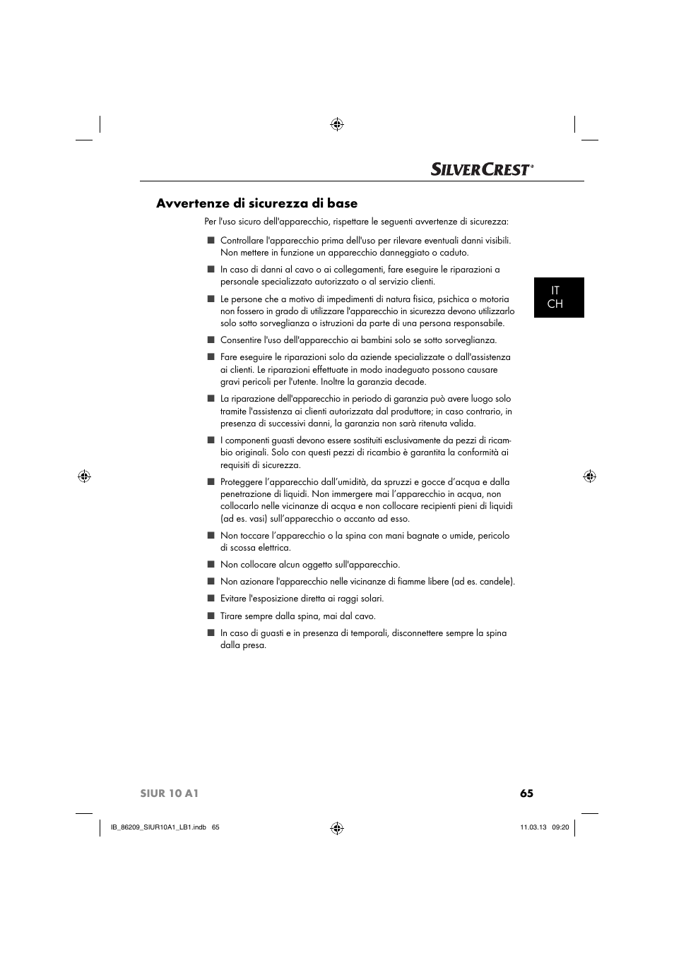 Avvertenze di sicurezza di base, It ch | Silvercrest SIUR 10 A1 User Manual | Page 68 / 154