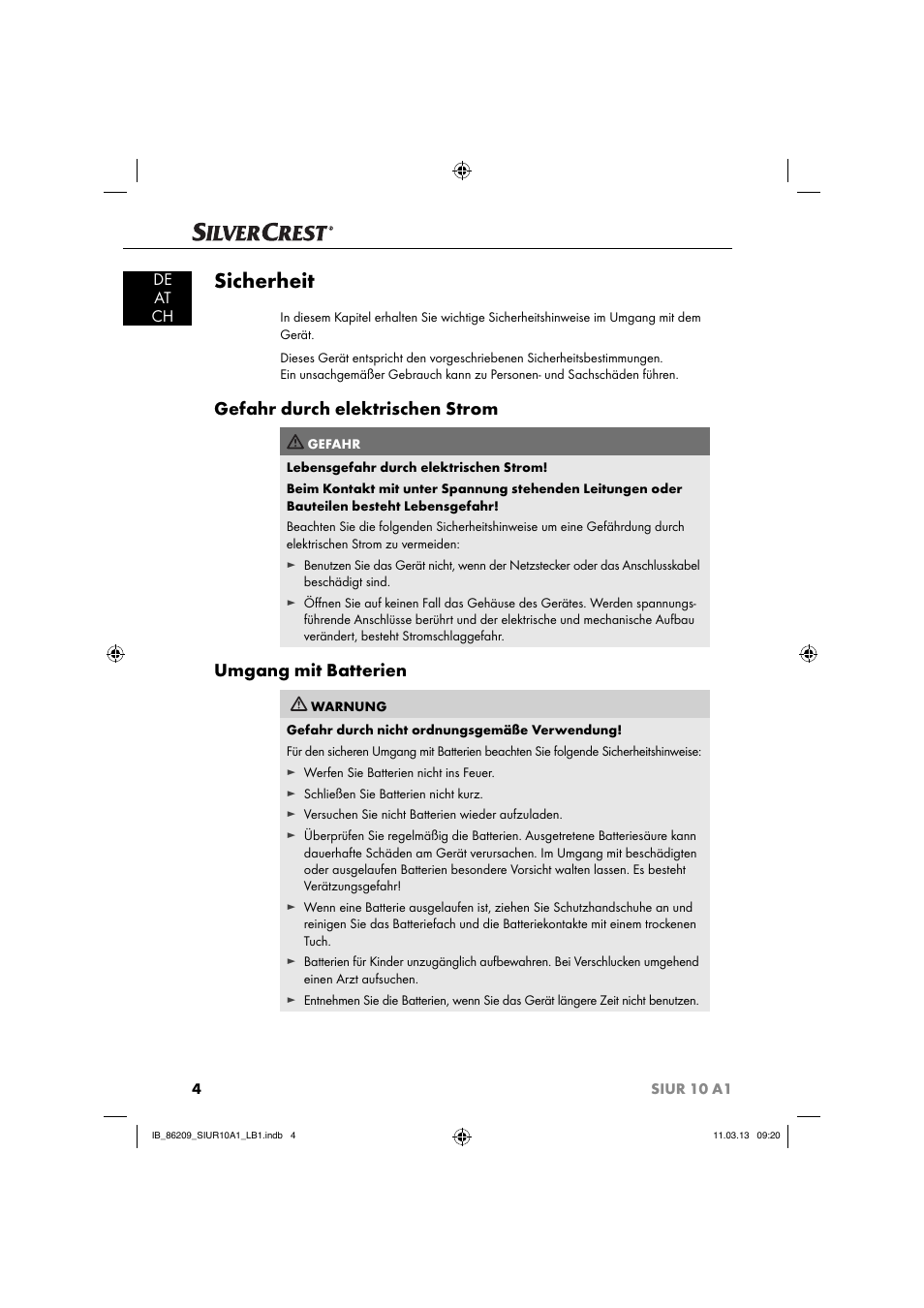 Sicherheit, Gefahr durch elektrischen strom, Umgang mit batterien | De at ch | Silvercrest SIUR 10 A1 User Manual | Page 7 / 154