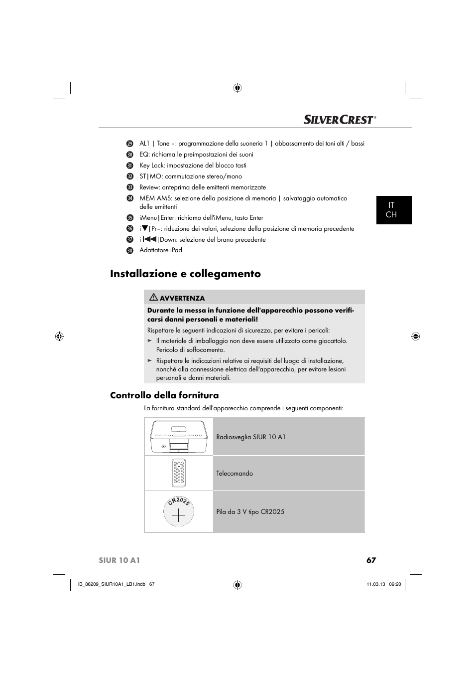 Installazione e collegamento, Controllo della fornitura, It ch | Silvercrest SIUR 10 A1 User Manual | Page 70 / 154