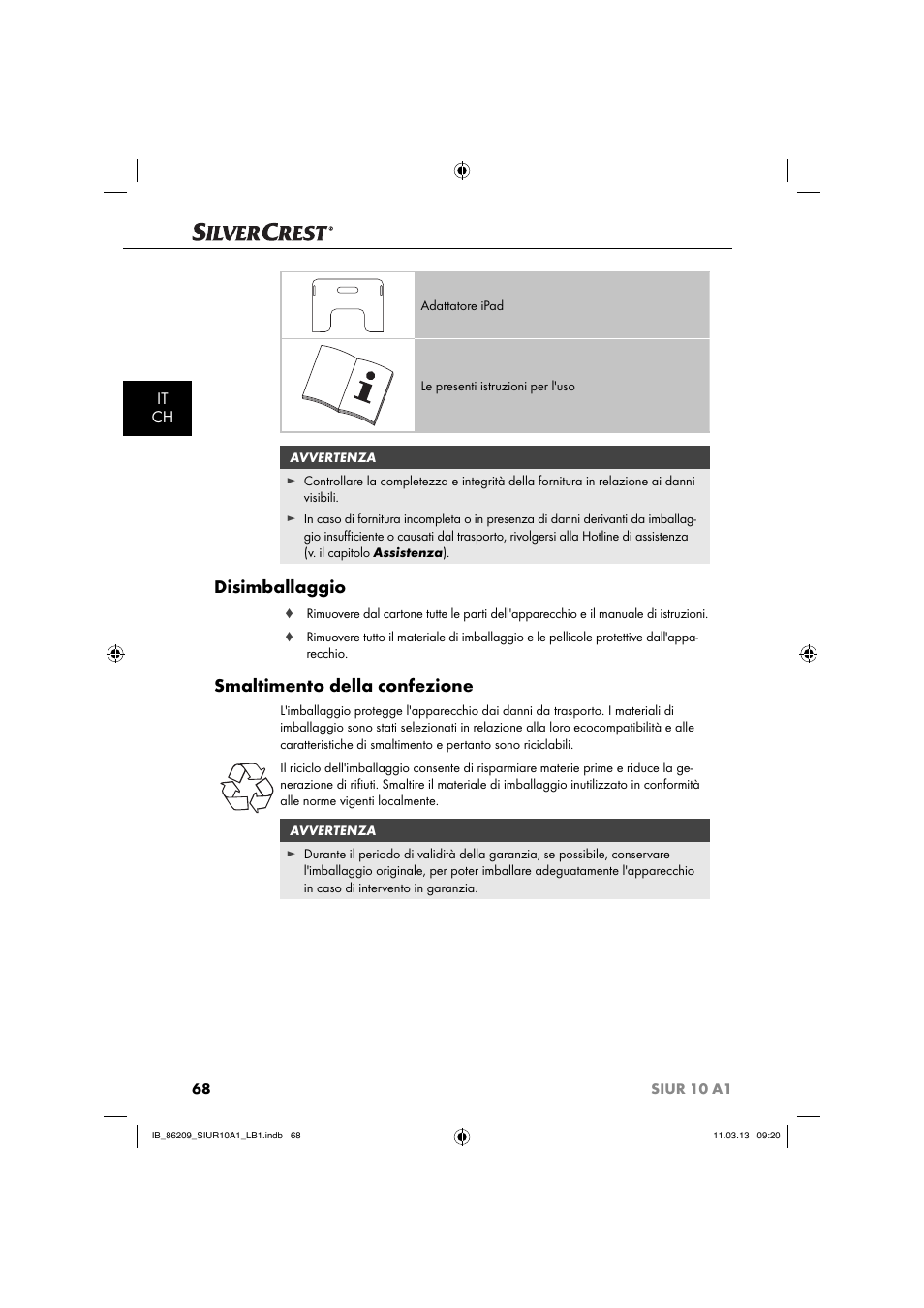 Disimballaggio, Smaltimento della confezione, It ch | Silvercrest SIUR 10 A1 User Manual | Page 71 / 154