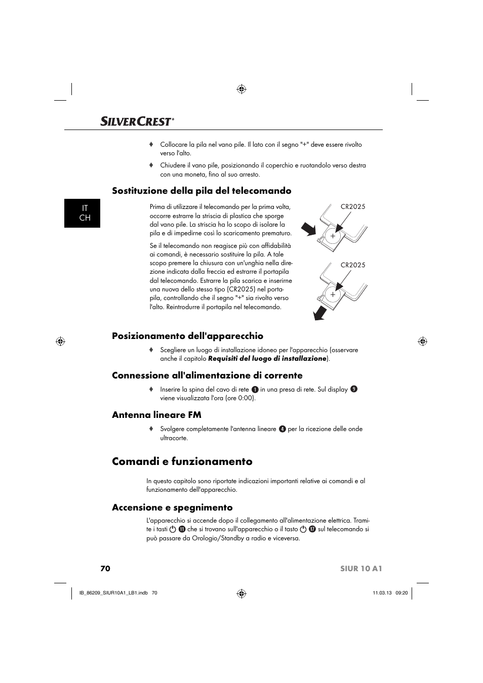 Comandi e funzionamento, Sostituzione della pila del telecomando, Posizionamento dell'apparecchio | Connessione all'alimentazione di corrente, Antenna lineare fm, Accensione e spegnimento, It ch | Silvercrest SIUR 10 A1 User Manual | Page 73 / 154