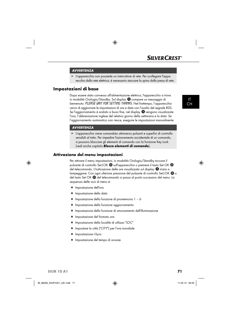 Impostazioni di base, It ch, Attivazione del menu impostazioni | Silvercrest SIUR 10 A1 User Manual | Page 74 / 154