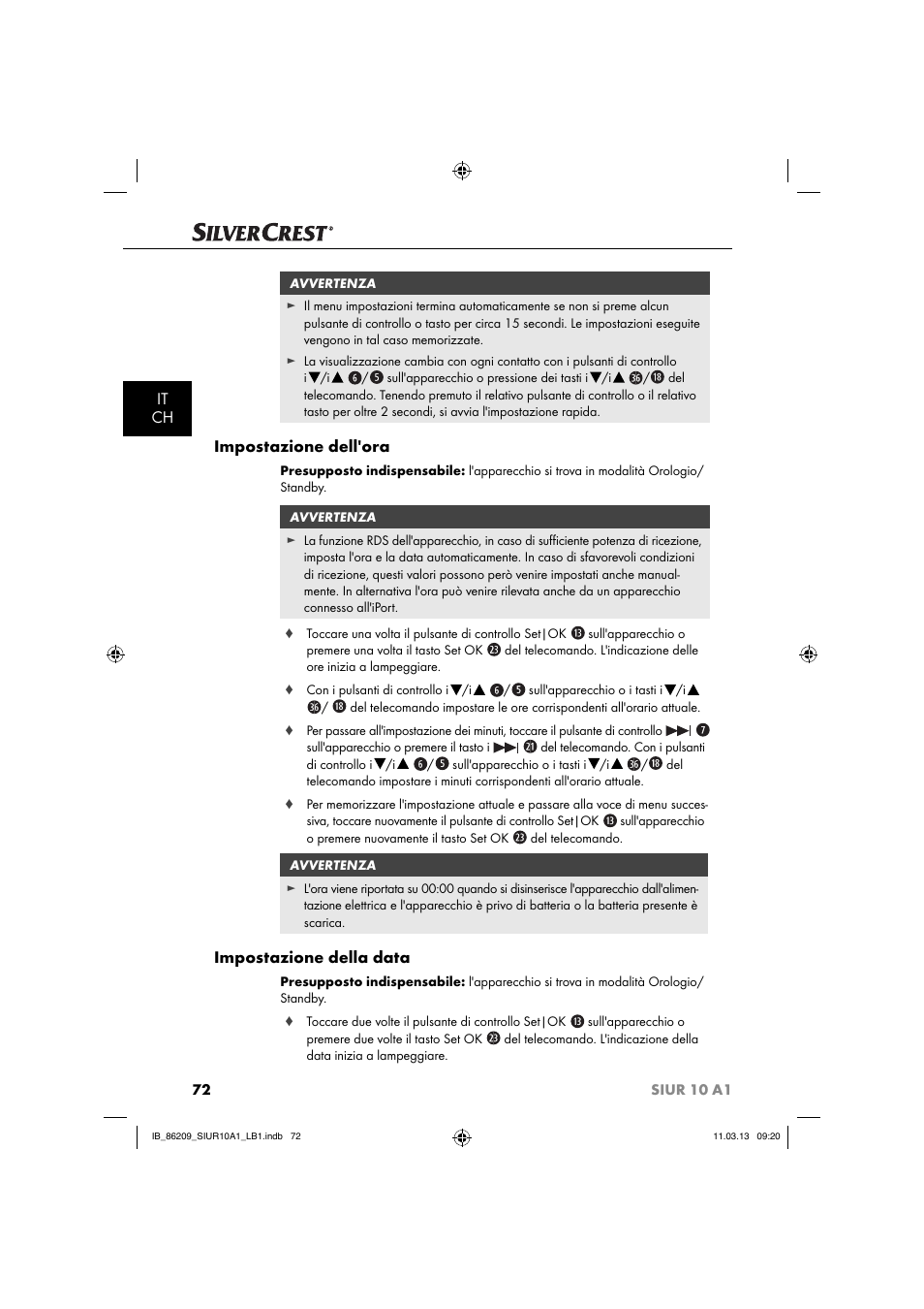 It ch, Impostazione dell'ora, Impostazione della data | Silvercrest SIUR 10 A1 User Manual | Page 75 / 154